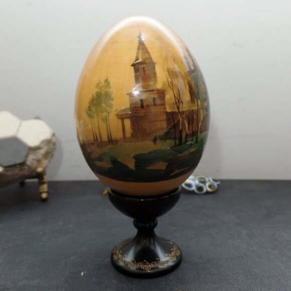 Vintage Russian Hand Painted Wooden Egg w/ Stand - Picture 6 of 13